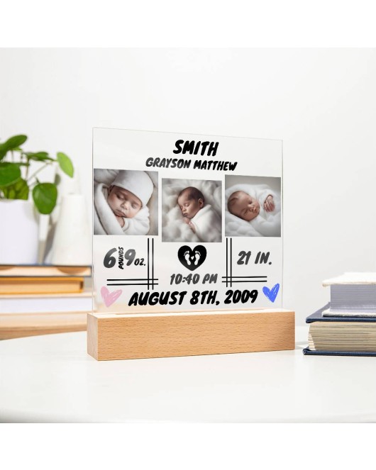 Baby Announcement Gift Personalized Acrylic with LED | Birth Announcement Gift