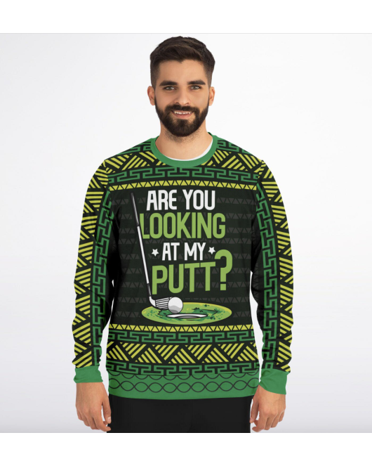 Looking at my Putt Ugly Christmas Sweatshirt